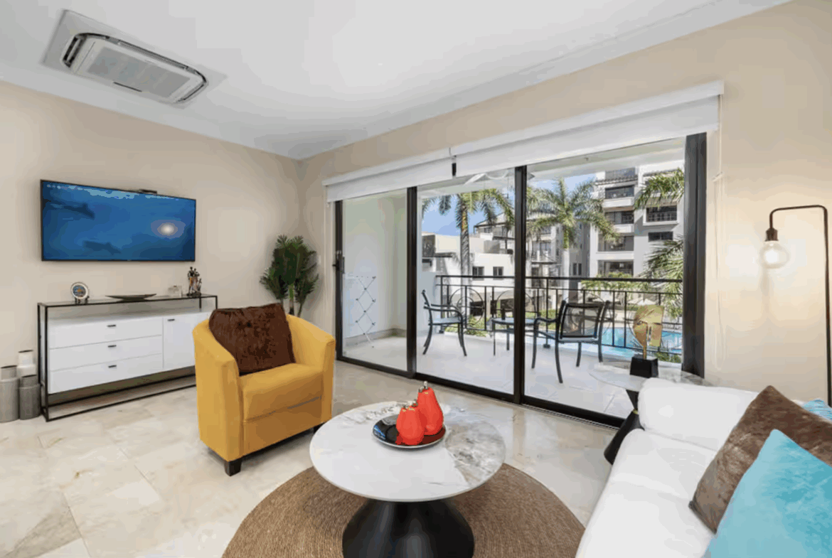 Living, Terrace view pool , Palm Aruba ❤️ Condo FOR SALE in Aruba